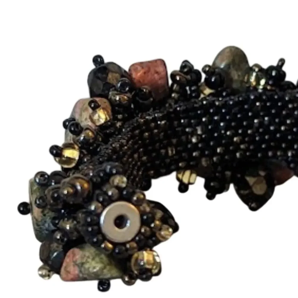 Artist Woven Seed Bead and Unakite Stone Chip Cuff Magnetic Closure Bracelet